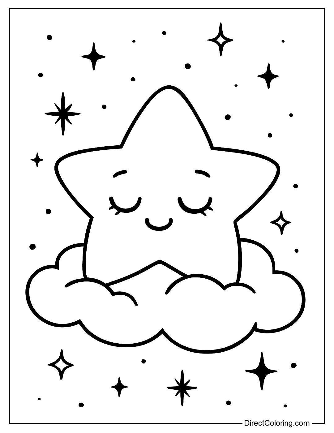 Star coloring page with eyes closed, sleeping soundly on soft clouds